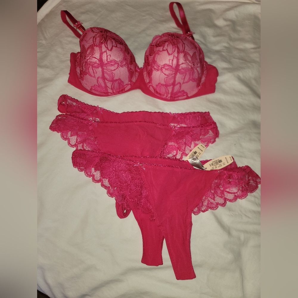 Victoria's Secret Hot Pink Demi Push-Up Bra (36C) w/ Matching Thong Panties